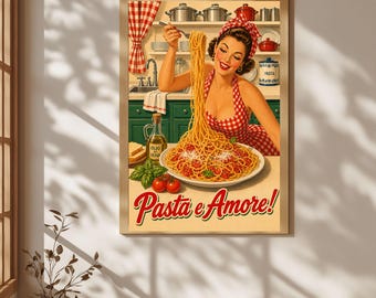 Póster vintage de pasta, arte mural de espaguetis, lámina de cocina italiana, arte gastronómico retro, decoración de pared Pasta e Amore, regalo de comida italiana