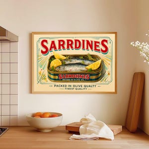 Sardine Tin Vintage Poster Retro Sardine Wall Art Fish Print  Colorful Kitchen Art Maximalist Poster, Seafood Print, Trendy Kitchen Print