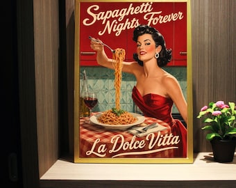 Vintage Italian Poster: Woman Eating Spaghetti, Retro Kitchen Art