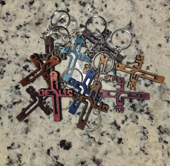 Wood Jesus Cross Keychain, Colorful Christian Key Ring