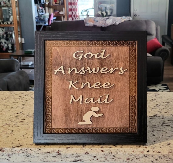 God Answers Knee Mail Framed Wood Sign, 8x8