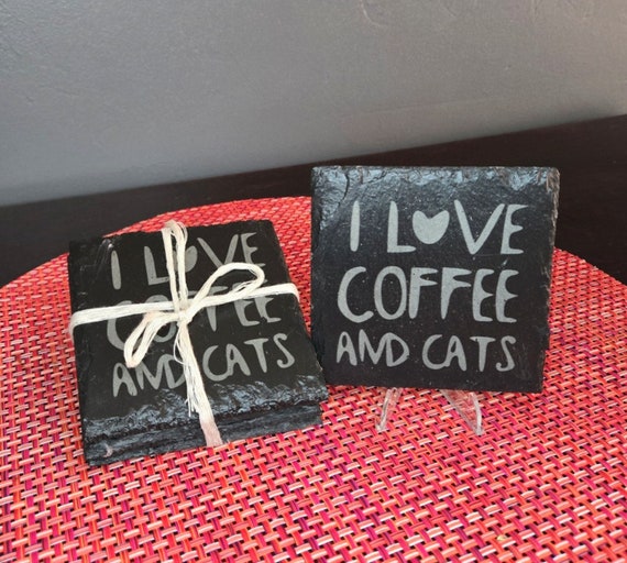 Black Slate Cat Coasters, Rustic Natural Edge, Cat Lover Gift