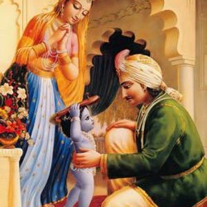 May include: A vibrant painting depicts a royal family. A woman in a sari stands with hands clasped, while a man kneels, gazing at a blue-skinned child. The child, adorned with a crown, is held by the man. The scene is set in a palace with ornate details.