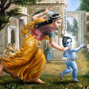 May include: A woman in a yellow and red dress chases a blue-skinned baby boy with a stick. The baby is wearing a beaded necklace and bracelets. The scene is set in a garden with a white building in the background.