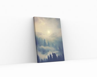 May include: A misty forest scene with the sun shining through the clouds. The trees are silhouetted against the light, creating a dreamy and ethereal atmosphere.