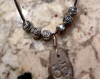 Hand Engraved Necklace Beachstone Pendant (Namaste Stone)