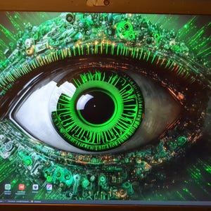 May include: A laptop screen displays a digital art image of a detailed eye. The iris is bright green with intricate patterns, and the background is a dark green with glowing accents. The screen shows various application icons.