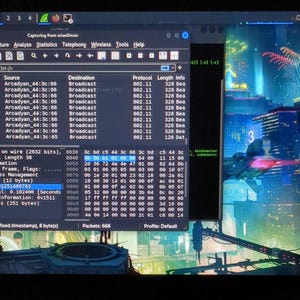 May include: A screenshot of a computer screen displaying a network analysis tool. The tool shows information about wireless network traffic, including the source, destination, protocol, and length of each packet. The screen also shows a hexadecimal dump of the packet data.