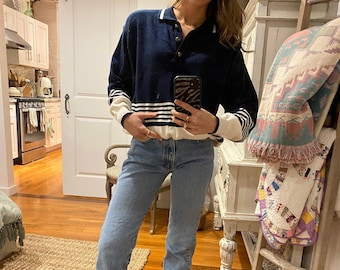 Navy Blue and White Striped Pullover Preppy Sweater, Segue, L (14-16)