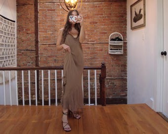 sue wong brown dress Sue Wong Brown Latte Cream Golden Beaded Dress Evening 6 Chocolate SILK Maxi NEW