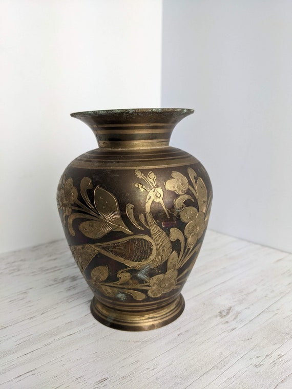 Etched, Two Tone Brass Vase Unique Brass Vase 