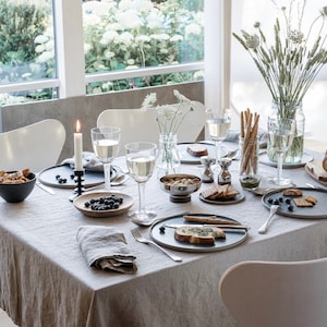 Nordic modern neutral natural linen tablecloth. Gray beige elegant extra large festive party decoration Luxury home gift for mother, in laws