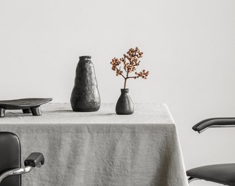 Minimalist Scandinavian stonewashed linen tablecloth. Festive elegant rectangular large, natural gray beige table topper. Housewarming gift