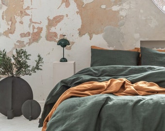 100% linen bedding single. Dark emerald green full sheets set 140 x 200 cm (135 x 200cm). Buttoned comforter duvet cover, square pillow case