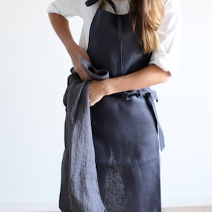 Linen apron for men, cooking grilling bbq gift for husband, dad, large charcoal, durable, with pockets chef kitchen clothing. Minimal unisex
