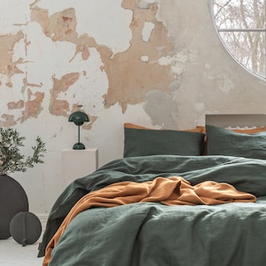 Dark green stonewashed linen bedding set. Mid century modern bedding. Linen pillow case. Linen duvet cover. European linen sheets set twin. image 1