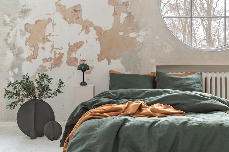 Dark green stonewashed linen bedding set. Mid century modern bedding. Linen pillow case. Linen duvet cover. European linen sheets set twin. image 1