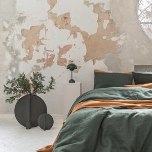 Dark green stonewashed linen bedding set. Mid century modern bedding. Linen pillow case. Linen duvet cover. European linen sheets set twin. image 10