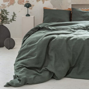Dark green stonewashed linen bedding set. Mid century modern bedding. Linen pillow case. Linen duvet cover. European linen sheets set twin. image 3