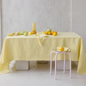 Pastel Butter Yellow 100% Linen Tablecloth with Lilac Trim for Easter, Spring, Summer celebrations