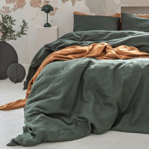 Dark green stonewashed linen bedding set. Mid century modern bedding. Linen pillow case. Linen duvet cover. European linen sheets set twin. image 4