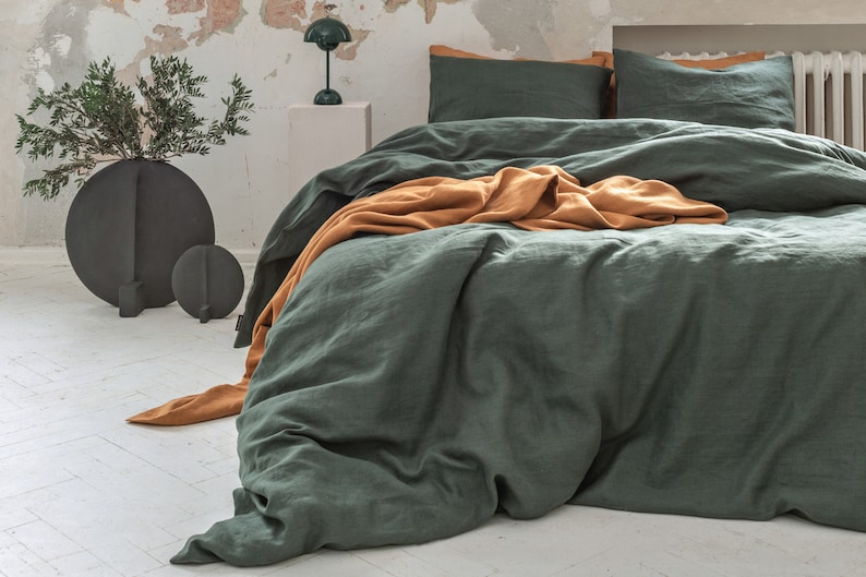 Dark green stonewashed linen bedding set. Mid century modern bedding. Linen pillow case. Linen duvet cover. European linen sheets set twin. image 4