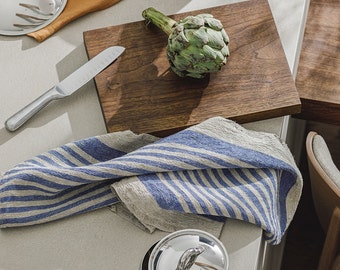Cobalt blue striped 100% linen tea towel. Reusable flax dishcloth, guest hand towel. Absorbent kitchen dishtowel. Zero waste, eco friendly