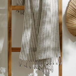 Gray striped linen beach blanket. Large outdoor picnic blanket. French style linen lounge chair towel with fringes. Lightweight travel throw