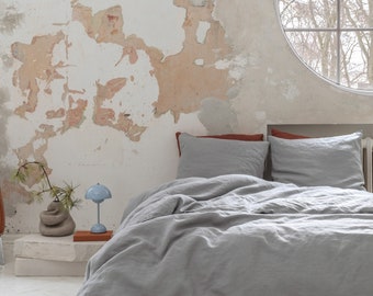 Stonewashed linen bedding set. Mist grey sheets set queen. Natural softened linen duvet cover pillowcase. Unique European Danish design