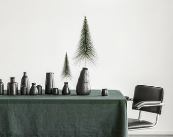 Scandinavian extra long Christmas dark green linen tablecloth, large 130inches rectangular, festive xmas New Year holiday party decoration