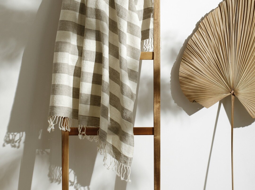 Striped Linen Beach Towel. Large Picnic Blanket. French Style Linen