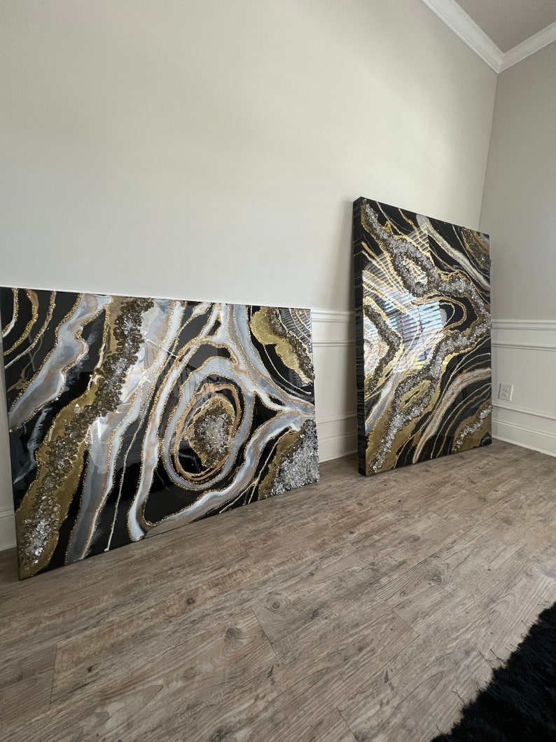 Black and Gold Resin Art Black and Gold Geode Art Wall Art Etsy