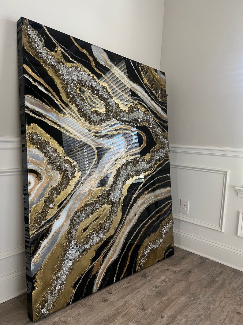 Black and Gold Resin Art Black Sand Gold Geode Art Wall Etsy