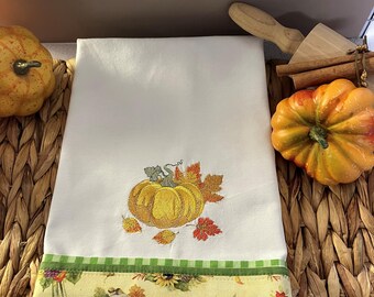 Embroidered Pumpkin Fall Dish Towel, Handmade Cotton Kitchen Decor