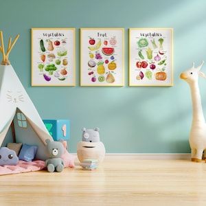Conjunto de 3 carteles educativos imprimibles Verduras y frutas MONTESSORI arte de la pared Decoración de la habitación de los niños Arte de la pared de la sala de la guardería Cartel de educación en el hogar