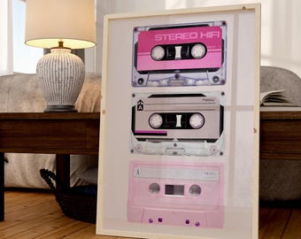 Impression sur cassette rétro : oeuvre d'art murale amateur de musique des années 90 (téléchargement numérique)