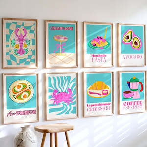 Juego de galería de pared para cocina en rosa y turquesa, bonita decoración de cocina, impresiones de pared femeninas, juego de impresiones artísticas gastronómicas, arte de pared maximalista, decoración de cafetería