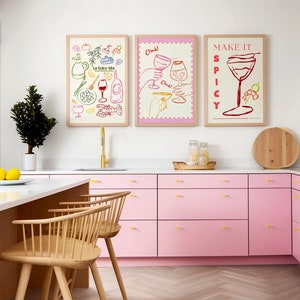 Keukenmuurafdrukken Esthetisch keukendecor Leuke keukenkunst Voedselafdrukken Barwagendecor Handgetekende cocktails Keukeningrediënt Art Print