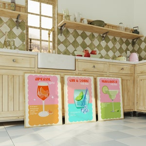 Cocktail prints set van 3 Home Bar Cart Decor Aperol Spritz moderne keuken Decor Trendy keuken Bar Cart prints Retro Cocktail Print kleurrijk
