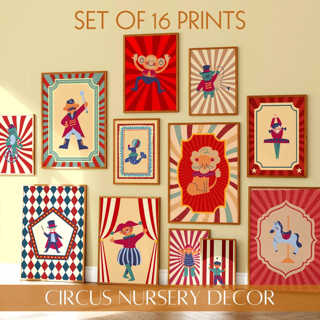 Vintage Circus Nursery Wall Art Set of 16 Printable Posters Kids Room ...