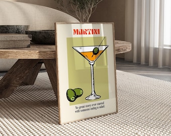 Impresión de cóctel Martini retro: Arte minimalista para carrito de bar (descarga digital)