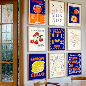 Keukengalerijset Etensprints Bundelprints Barwagendecor Leuke keukenprints Etensposter Trendy muurkunstset Blauwe en oranje muurkunst