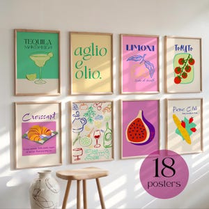 Kitchen wall art prints Kitchen Gallery Wall Set of 18, Aesthetic room decor, Art posters bundle, Modern kitchen print, Colorful gallery