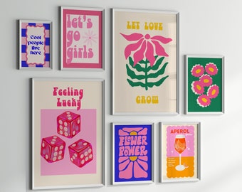 May include: A set of framed art prints with a retro aesthetic. The prints display phrases such as "Cool people live here," "Let's go girls," and "Flower Power." Other prints feature dice, flowers, and an Aperol spritz. The colour scheme includes pink, blue, and yellow.