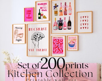 May include: A set of 200 printable wall art prints for the kitchen. The prints feature various designs, including a pizza, wine bottles, coffee, and chili peppers. The text on the prints includes "Time for Vino", "Cheese and Wine Club", "Morning Coffee", "In Crust We Trust", "Chili Market", and "GVVD FVVD GVVD MVVD".