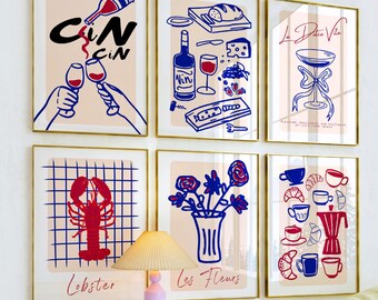 May include: Set of 8 minimalist wall art prints with a pink background and blue and red illustrations. The prints feature images of wine glasses, a lobster, flowers, and a coffee pot. The text on the prints includes "Cin Cin", "La Dolce Vita", "Lobster", "Les Fleurs", and "Plaisir, Indulgence and Togetherness of life's finer things."