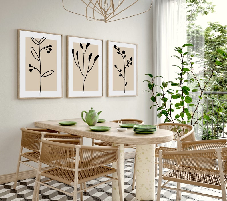 Botanical Line Art Print Set: Beige Neutral Wall Decor (digital ...