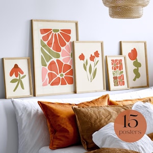 Conjunto de arte boho Verde salvia Estampados botánicos modernos Tonos cálidos Conjunto de pared de galería Estampado otoñal naranja quemado Estampado de flores de Henri Matisse Flores silvestres