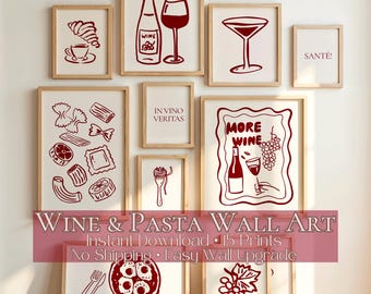 Pasta en wijn wanddecoratie set van 15, keukenwanddecoratie, pastaposter digitale download, wijncombinatie print