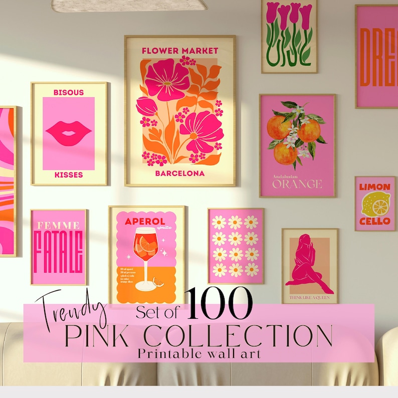 May include: A set of 100 printable wall art prints in a pink color scheme. The prints feature various designs, including flowers, fruit, and abstract shapes. The text "Trendy Set of 100 PINK COLLECTION Printable wall art" is displayed at the bottom of the image.